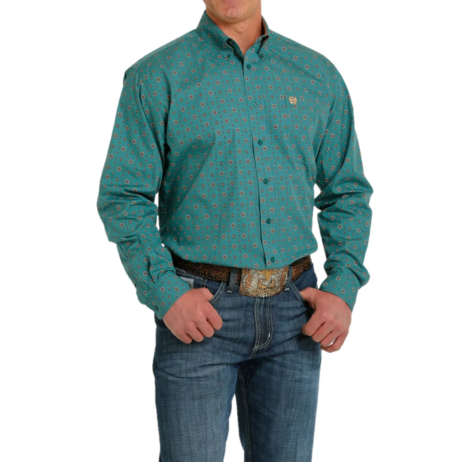 Cinch Men's Long Sleeve Button Down - Teal/Yellow Print