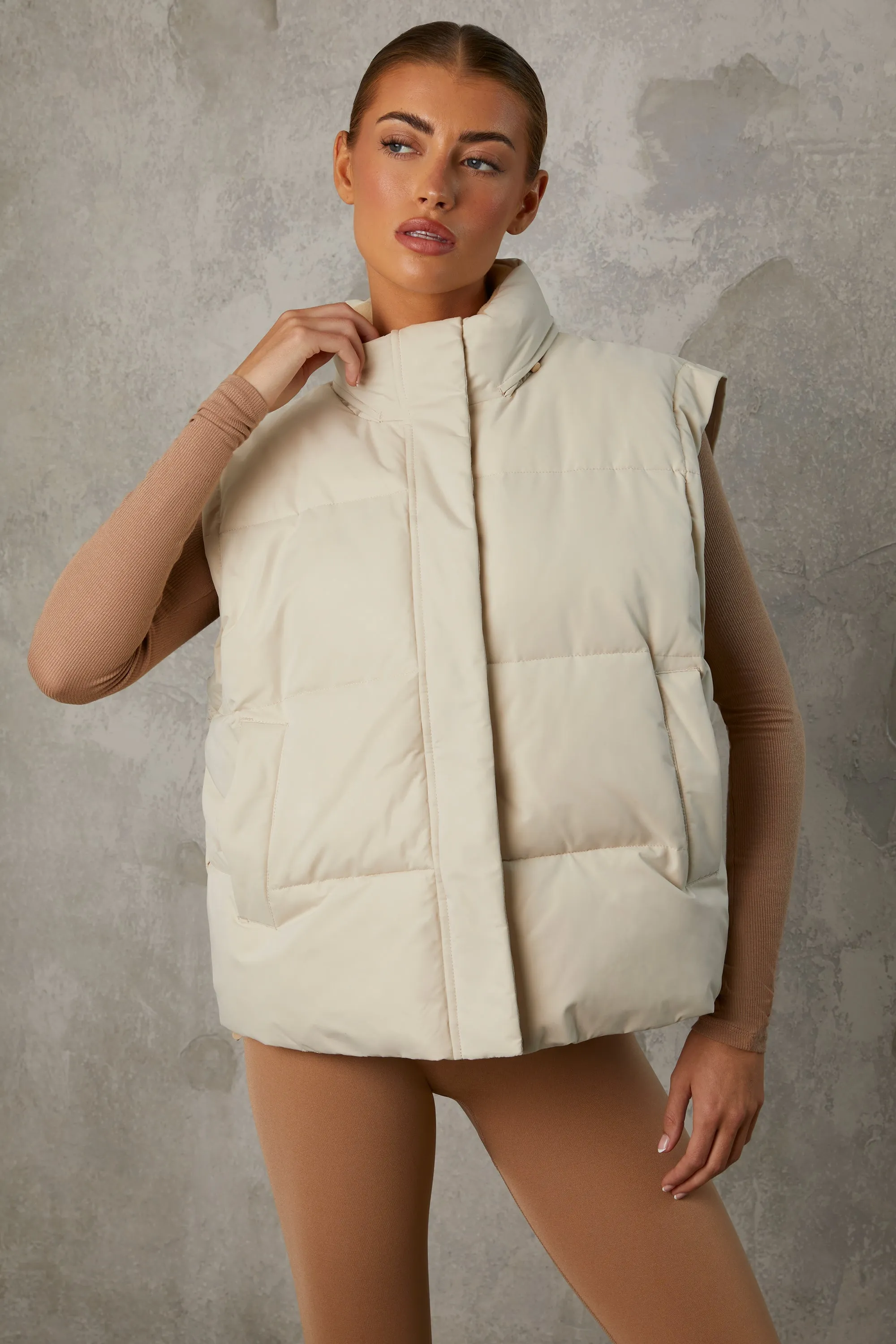 Cropped Puffer Jacket with Detachable Sleeves in Sand