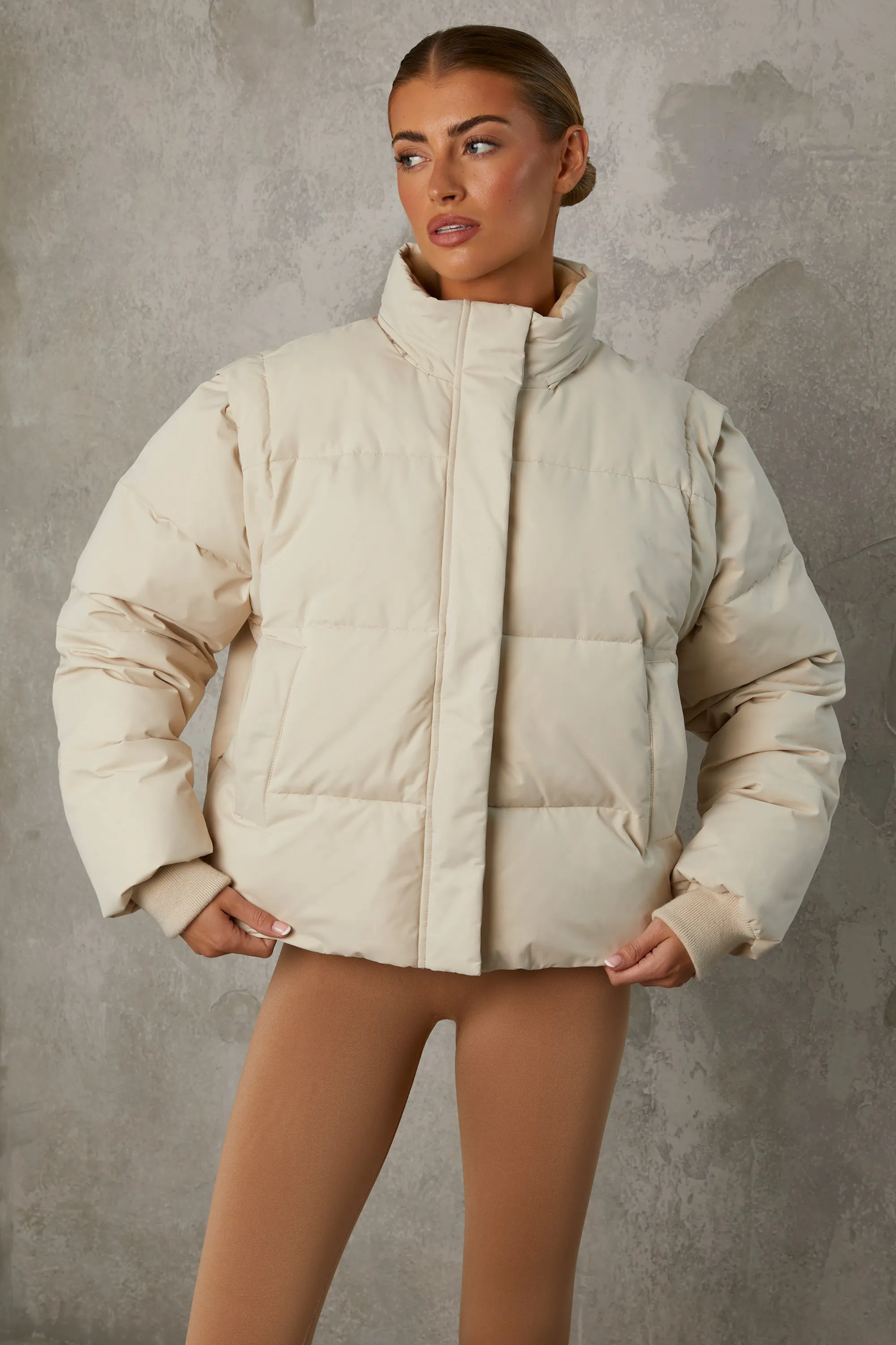 Cropped Puffer Jacket with Detachable Sleeves in Sand