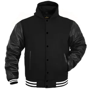 Kids Varsity Hoodie Wool Leather All Black(White Line)