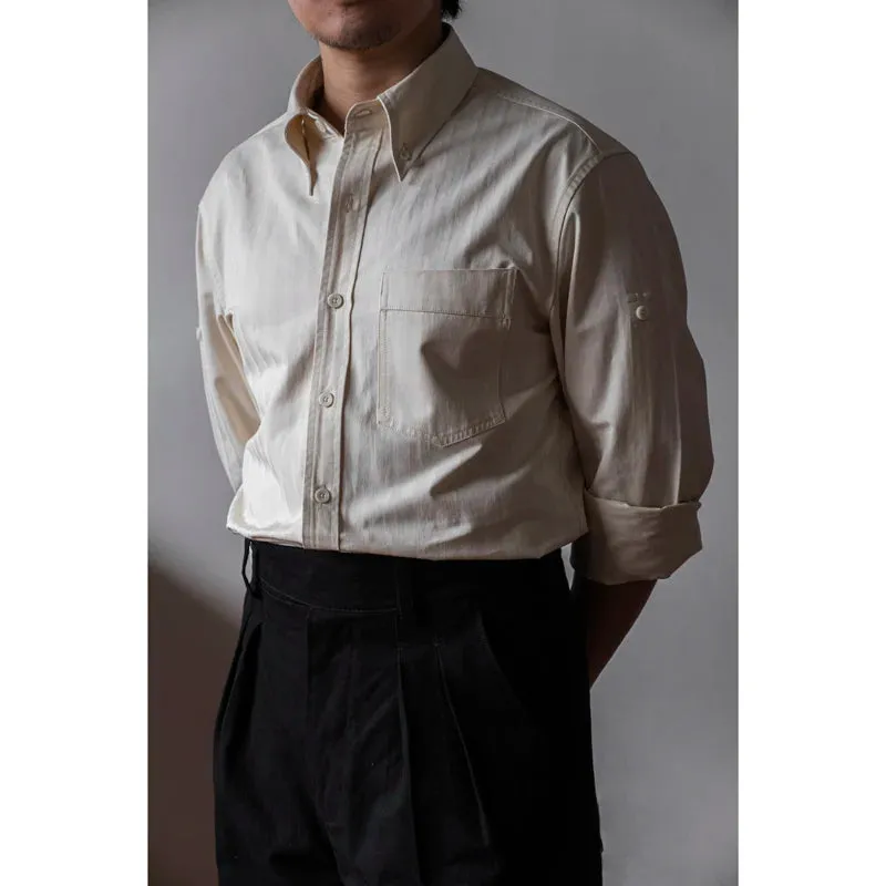 Men's Herringbone Twill Button Down Shirt with Pointed Collar and Long Sleeves