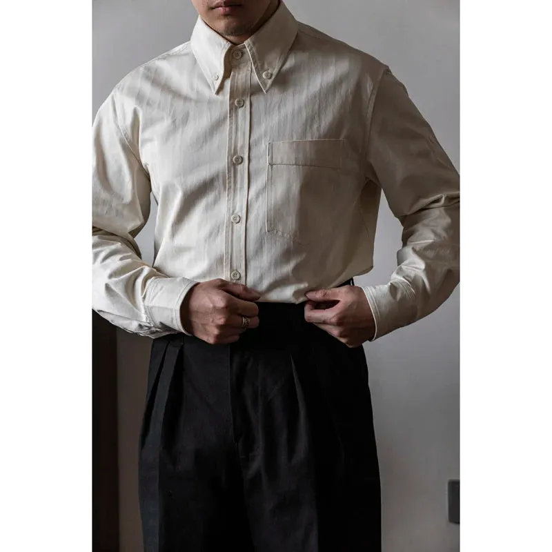 Men's Herringbone Twill Button Down Shirt with Pointed Collar and Long Sleeves