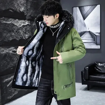 Men's Long Thermal Fur Collar Padded Parkas Jacket