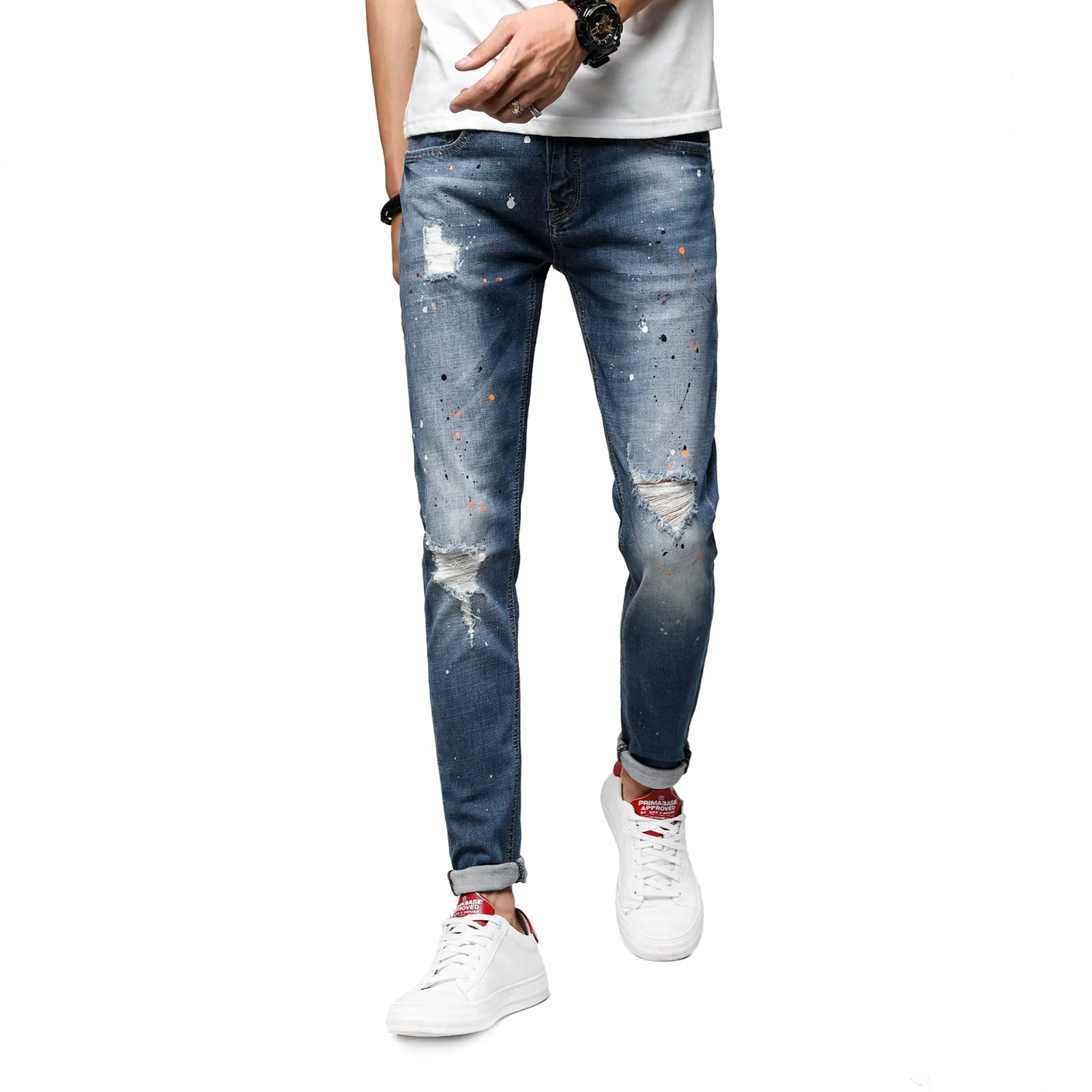 Men's Skinny Stretch Spray Ripped Blue Jeans