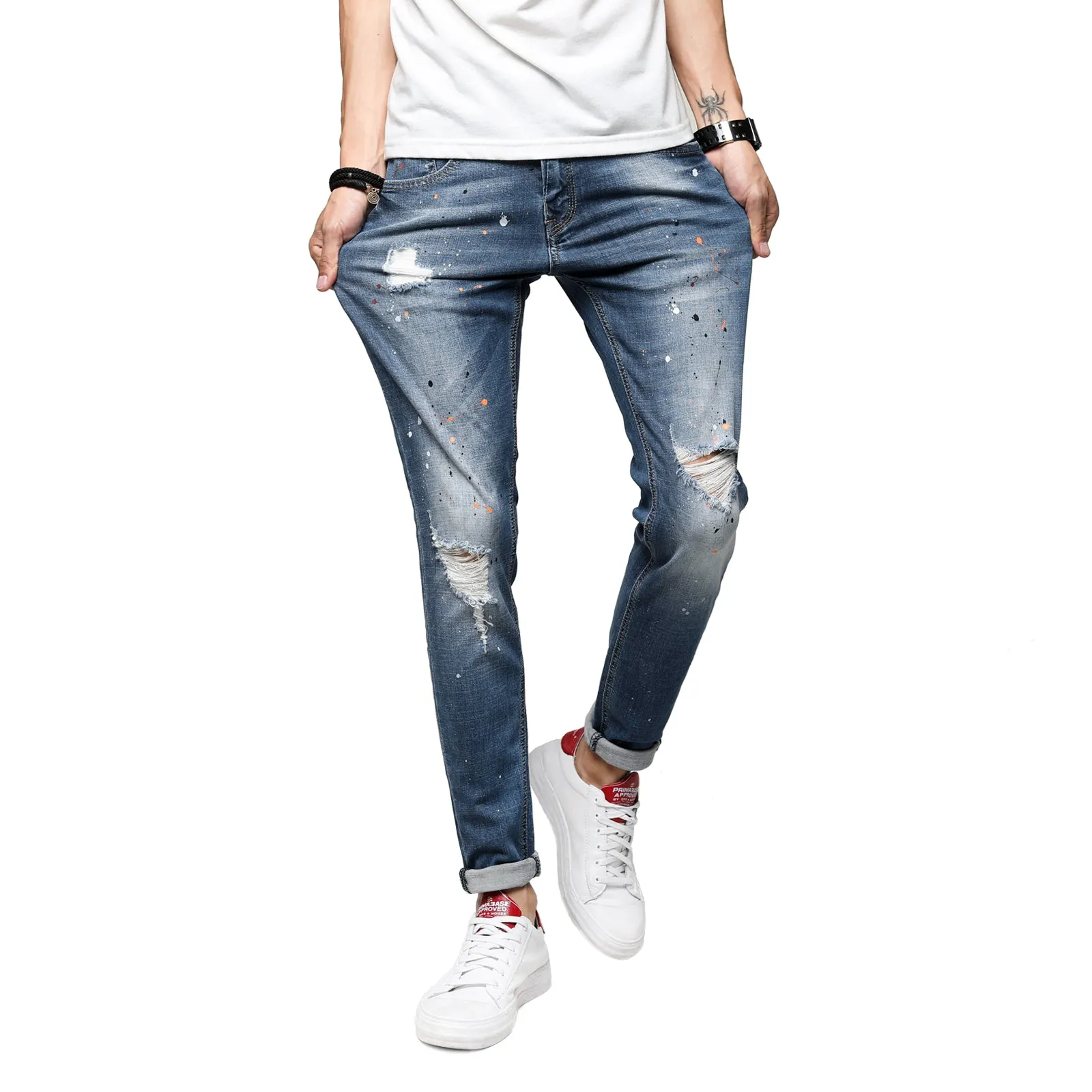 Men's Skinny Stretch Spray Ripped Blue Jeans