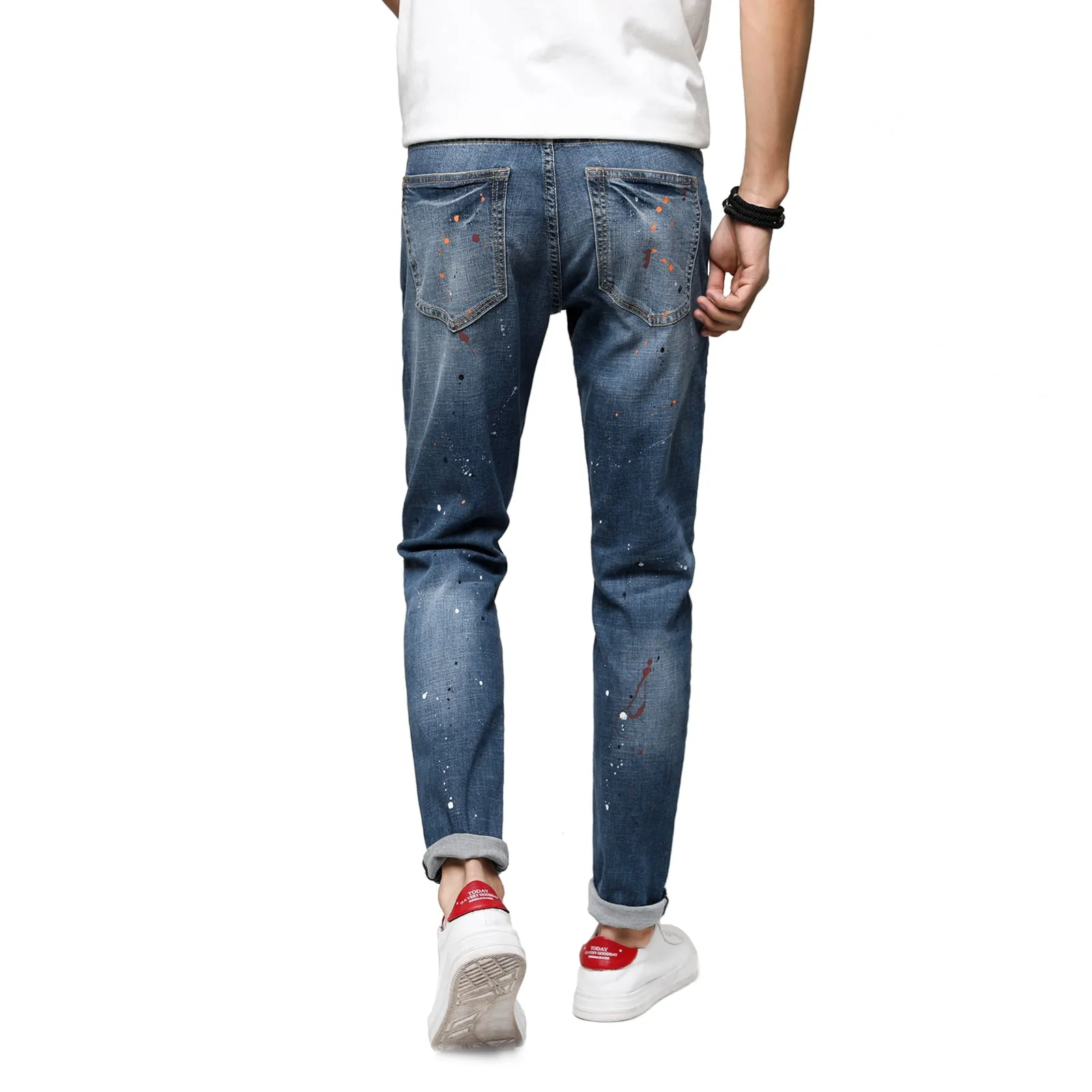 Men's Skinny Stretch Spray Ripped Blue Jeans