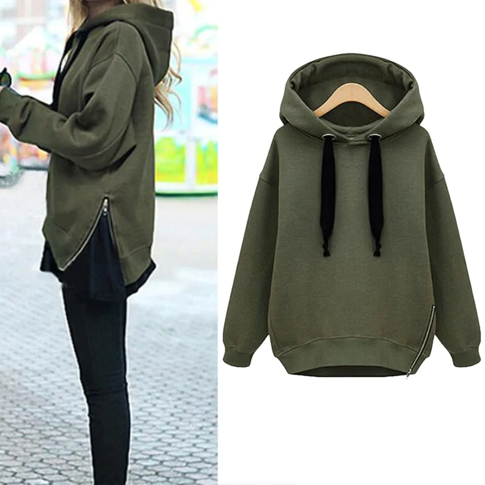 Plain Thick Hoodies Solid Sweatshirt Warm Hoodies For Women  Xxl Oversized Side Zip Hoodie Drawstring