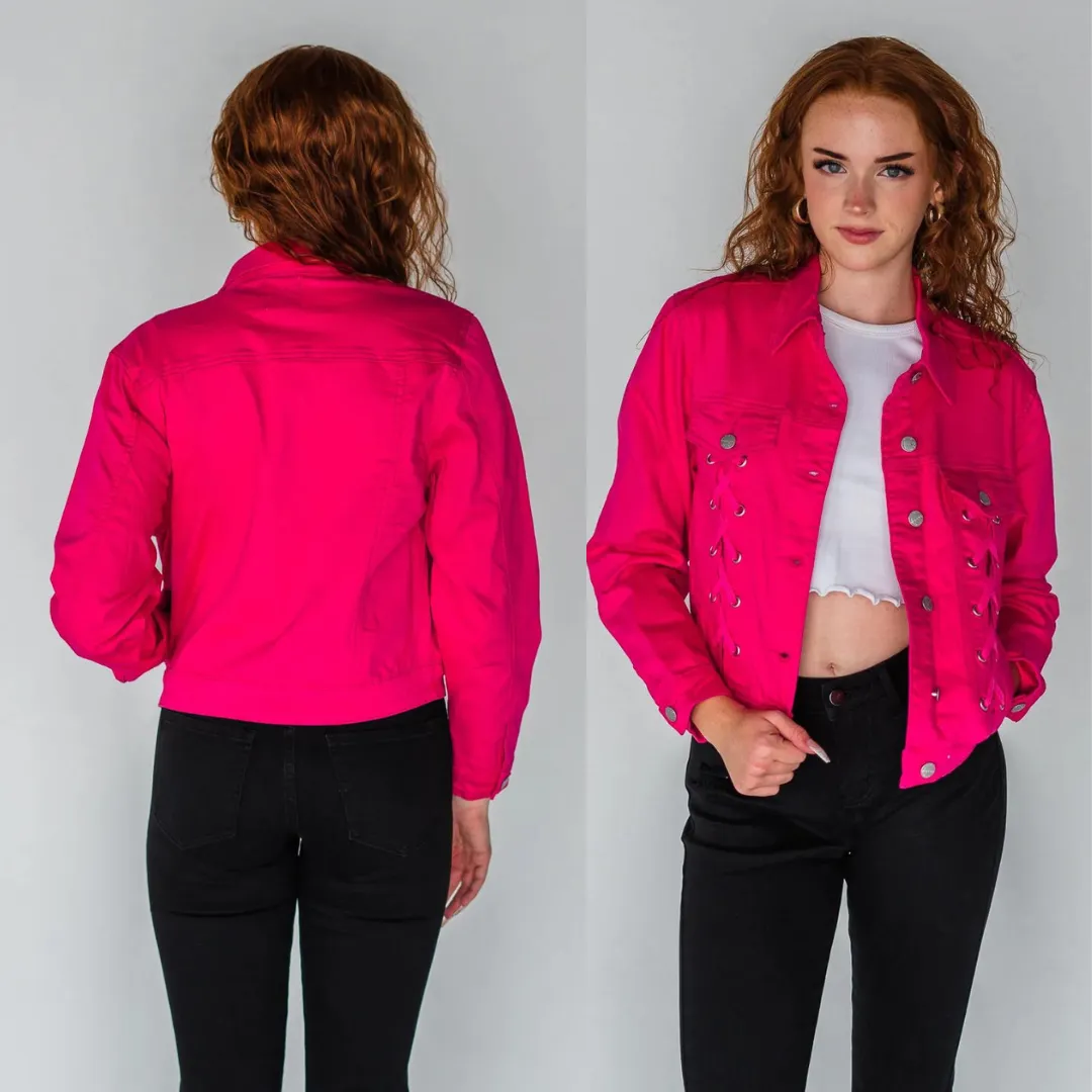 Rubies   Honey Magenta Laced Up Denim Jacket Pre-Order