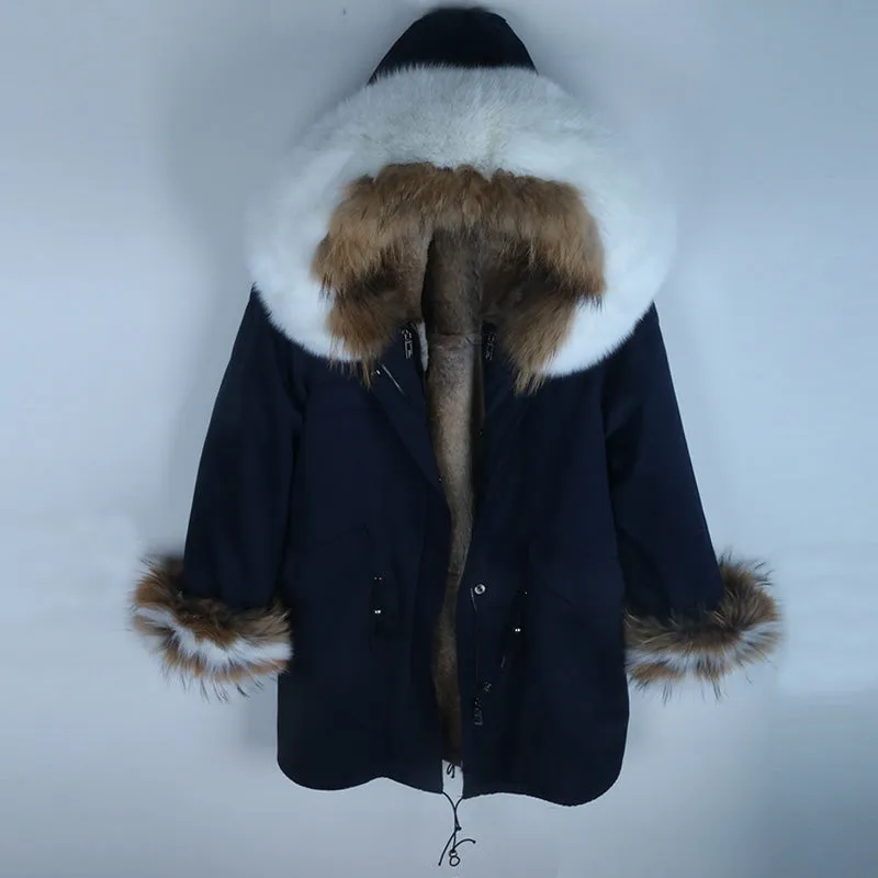 Women's Winter Casual Hooded Long Parka With Detachable Rabbit Fur