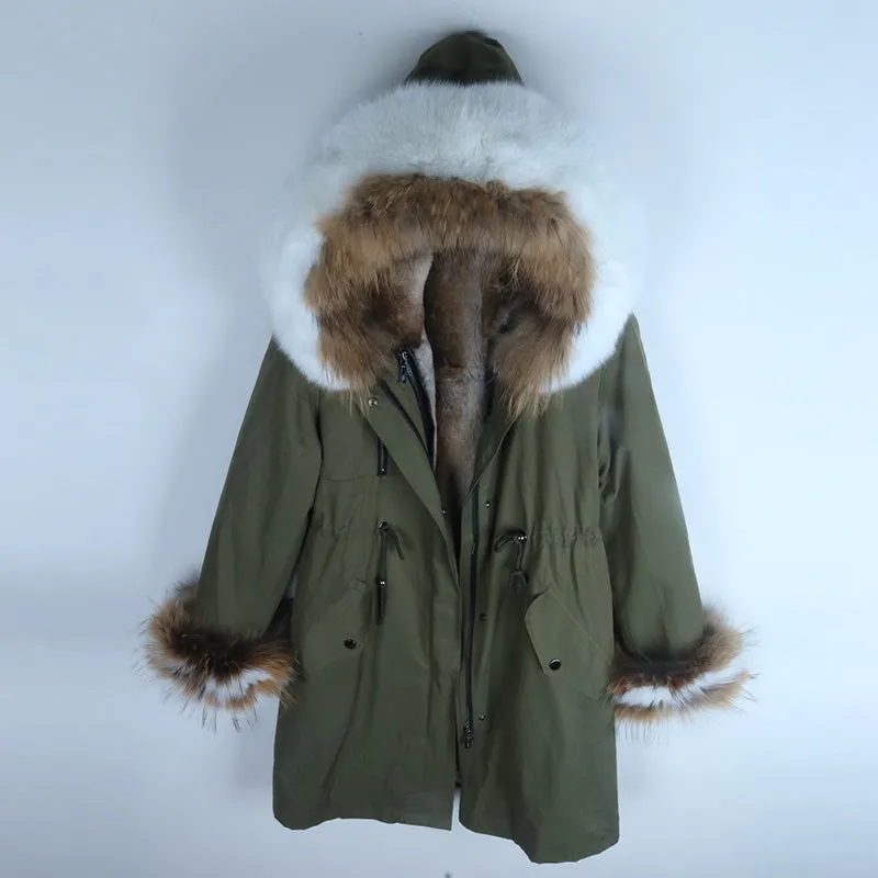 Women's Winter Casual Hooded Long Parka With Detachable Rabbit Fur