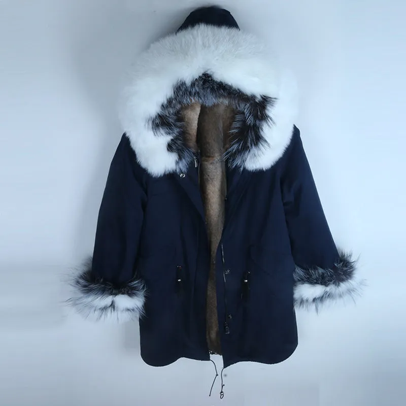 Women's Winter Casual Hooded Long Parka With Detachable Rabbit Fur