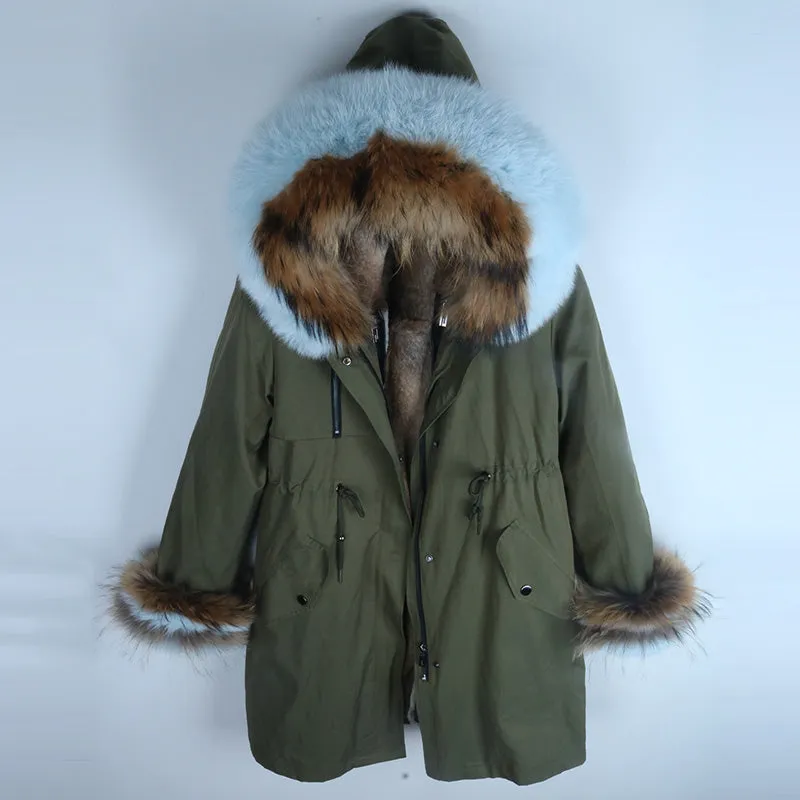 Women's Winter Casual Hooded Long Parka With Detachable Rabbit Fur