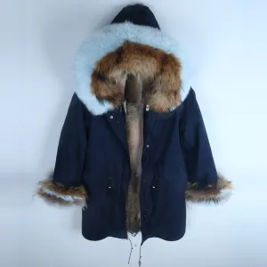 Women's Winter Casual Hooded Long Parka With Detachable Rabbit Fur