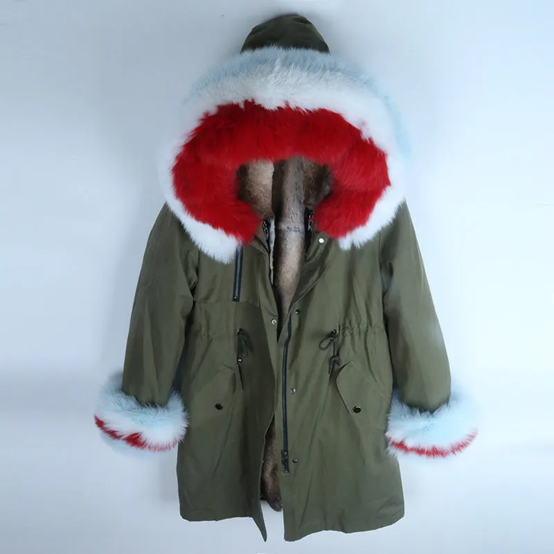 Women's Winter Casual Hooded Long Parka With Detachable Rabbit Fur